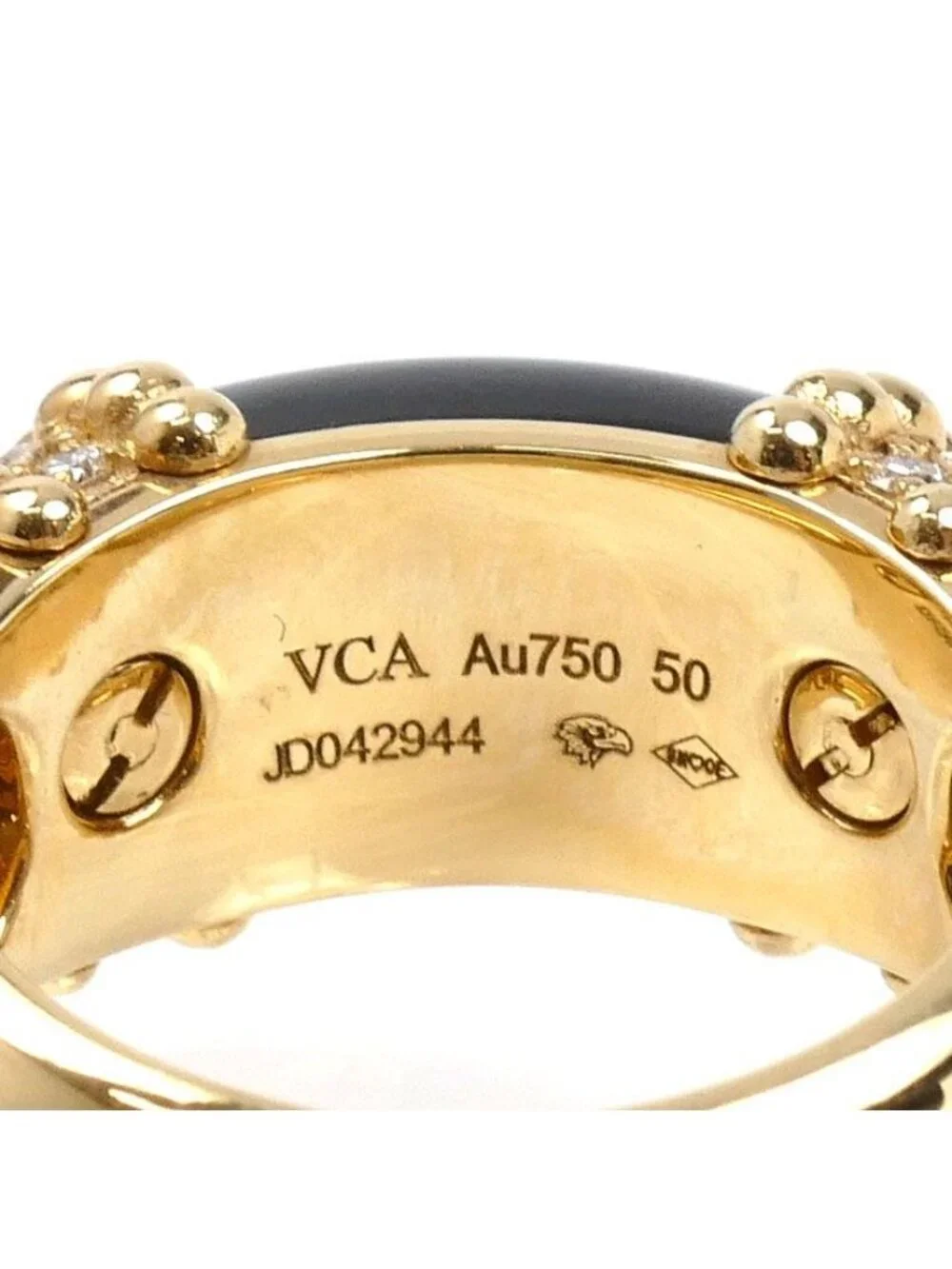 Van Cleef & Arpels 18K Yellow Gold Perlee Coule Ring Diamond Onyx